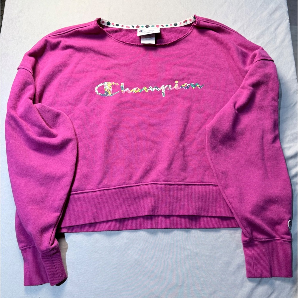 Champion Womens Magenta‎ Pink Floral Logo Cropped Sweatshirt Small
